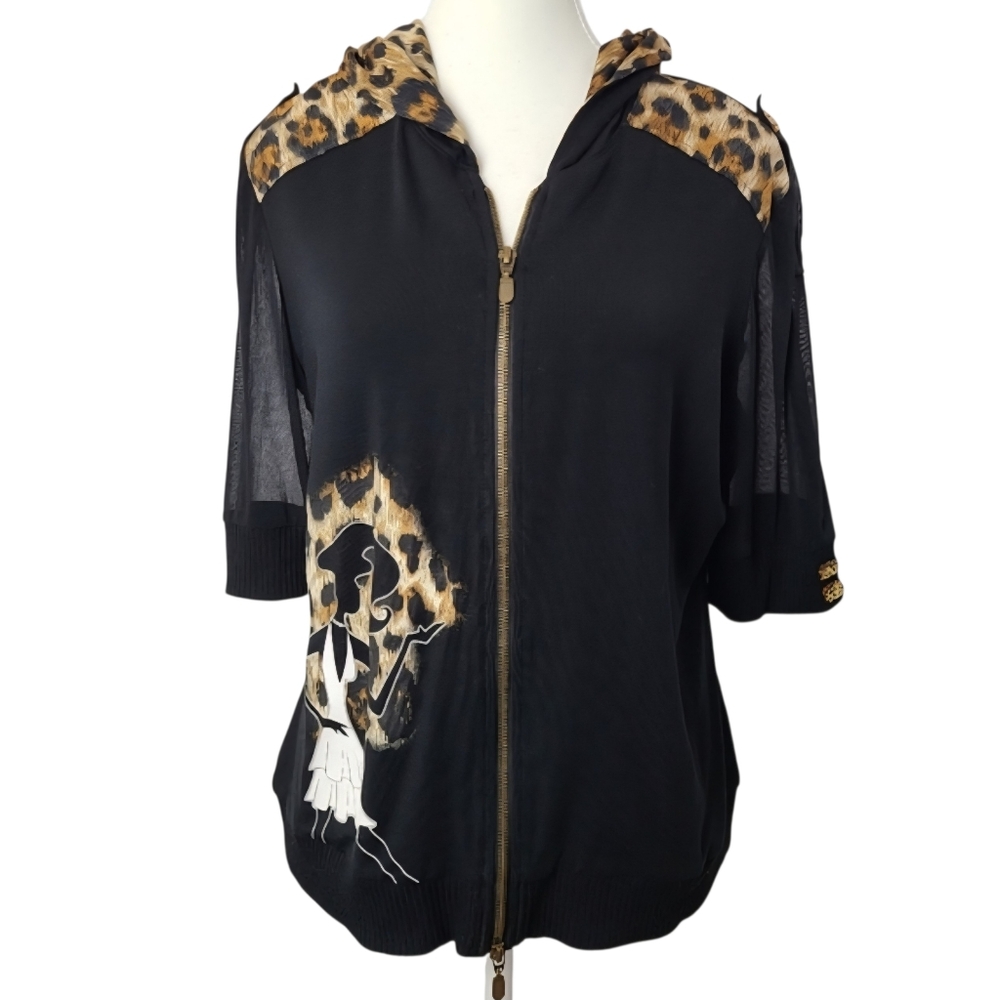Joseph Ribkoff Leopard Print Short Sleeve Hooded Zip-Up Blouse Sz L